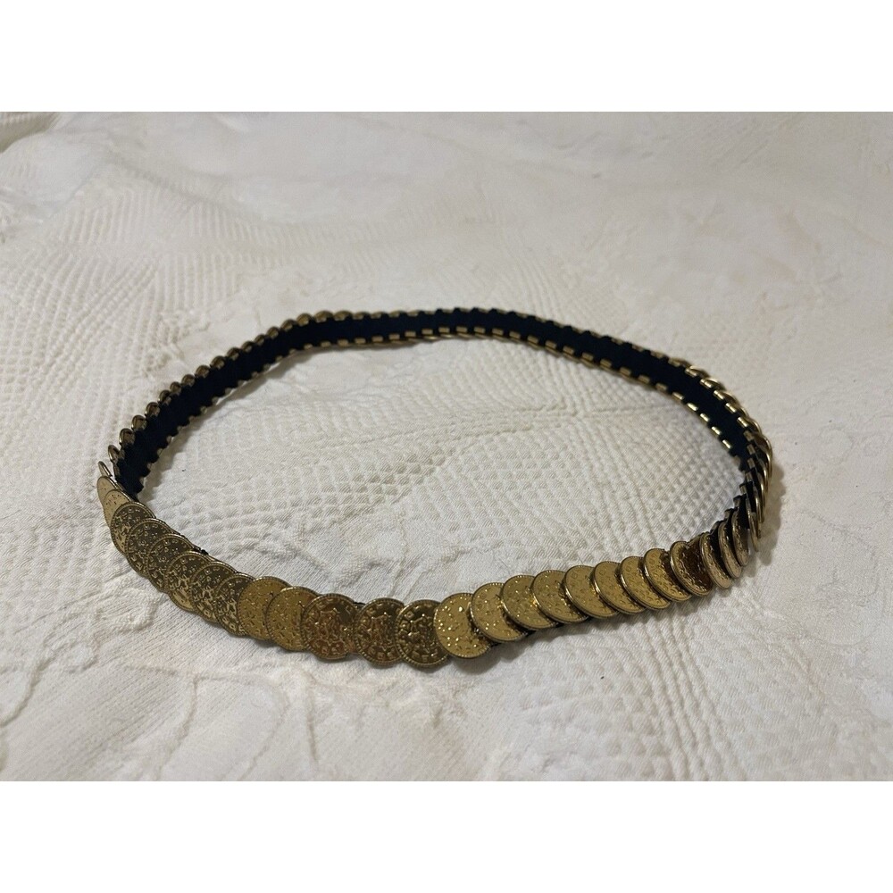 1980’s BOHO Gold Tone Metal Medallion Coins Discs Stretch Belt 26” to 38”